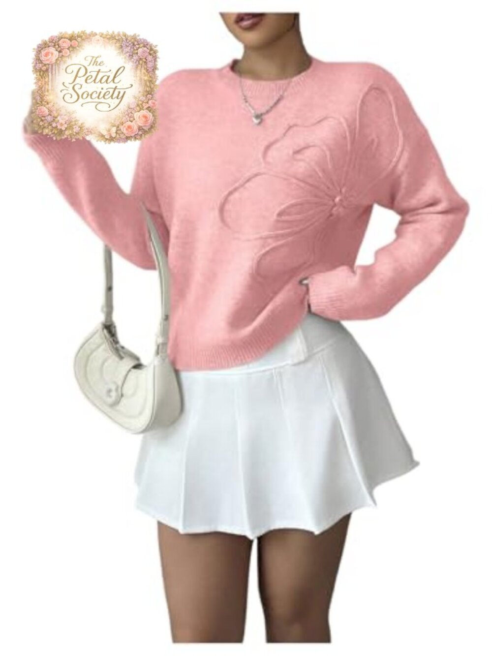 3D Floral Applique Knit Sweater Pullover Crew Neck Long Sleeve